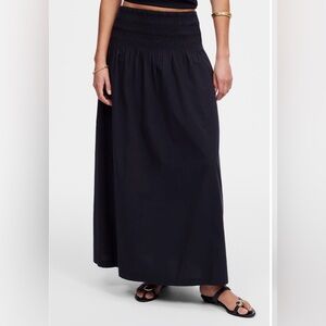 Madewell Smocked Waist Black Poplin Midi Skirt NWT